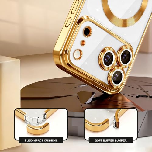 Image of Misscase for iPhone 17 Pro Case with Privacy Screen Protector, Built-in Lens Protector, Compatible with MagSafe, Anti-Yellowing Shockproof TPU, Bling Glitter Electroplated Cover 6.3 inch Gold