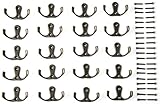 Utility Hooks Mini - 20 Double Prong Bronze Hooks for Coats, Keys, Jackets, Jewelry, Hats and More