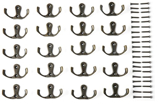 Mini Bronze Hooks - 20pc Double Prong Rustic Hooks Equipped with 40 Extra-Long 17mm Screws