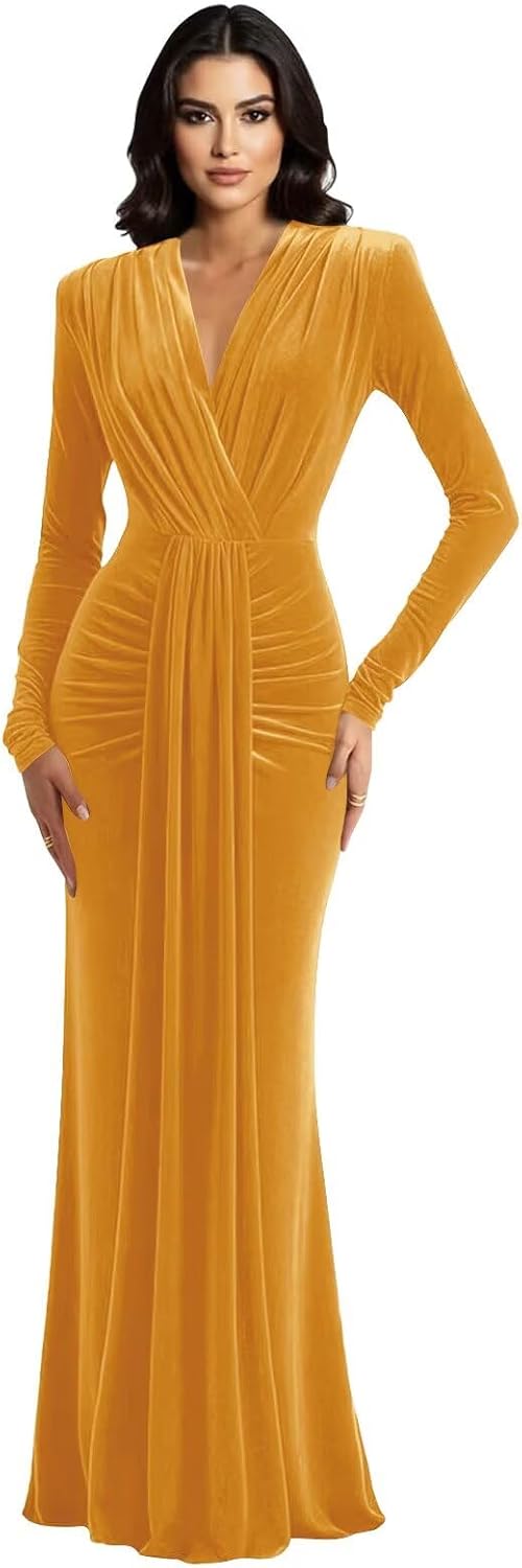 Long Sleeve Velvet Dress for Women V Neck Pleated Empire Waist Tight Mermaid Holiday Evening Dress with Tie