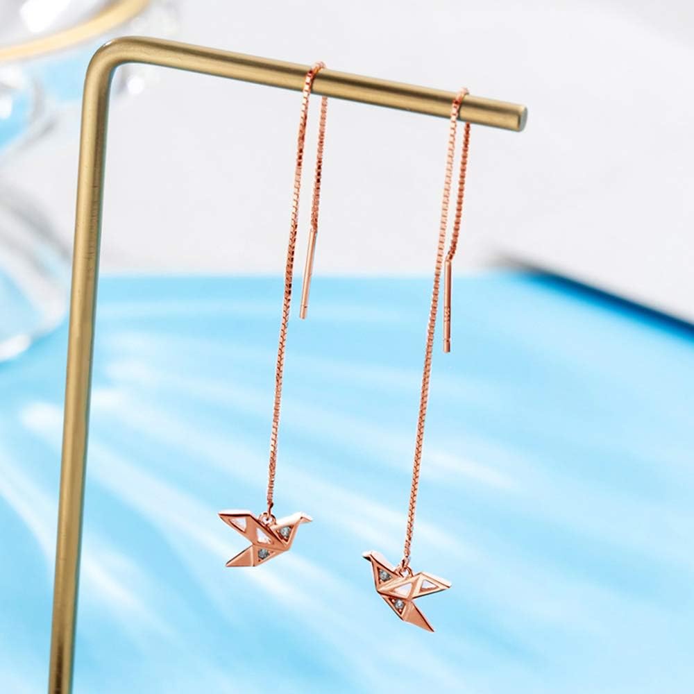 Origami Paper Crane Dangle Drop Earrings Sterling Silver Good Luck Cute Tassel Threader Long Chain Ear Line Stud Earring Minimalist Jewelry Gifts Hypoallergenic for Women Girls