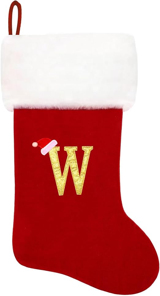 20 Inches Monogram Christmas Stockings Red Velvet with White Super Soft Plush Cuff Embroidered Xmas Stockings Classic Personalized Stocking Decorations for Family Holiday Season Decor(Letter W)