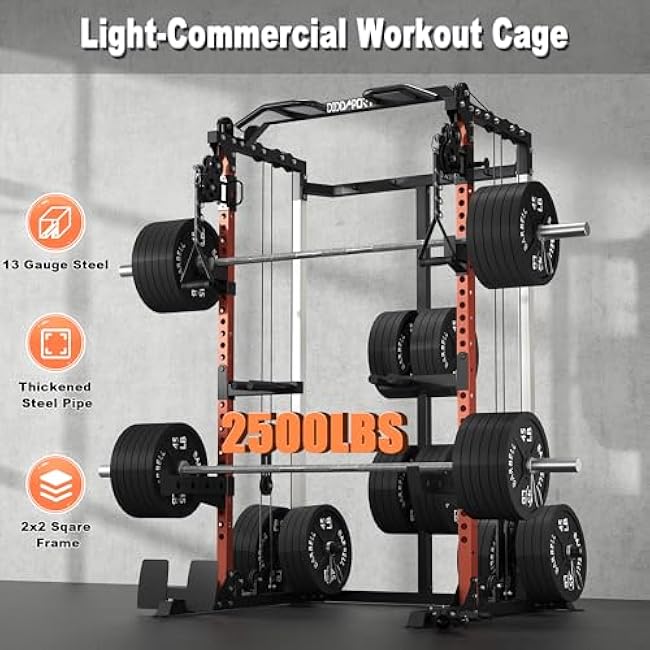 Power Cage, Power Rack with Dual Pulley System, Multi-Function Squat Rack with Cable Crossover, Home Gym Workout Machine