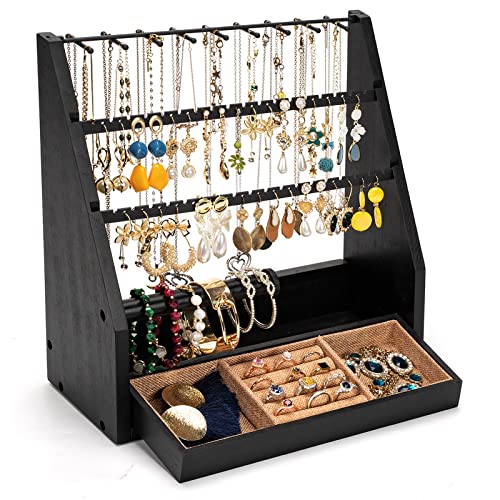 DGWJSU Earring Organizer, Rustic Wood 5 Layer Jewelry Organizer Stand
