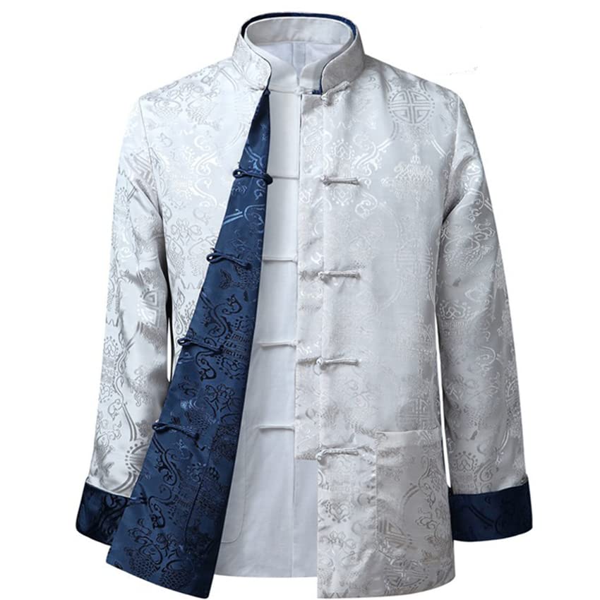 Men's Silk Tang Suit Jacket Traditional Chinese Shirt Style with Kung Fu Collar Hanfu Top on Both Sides4