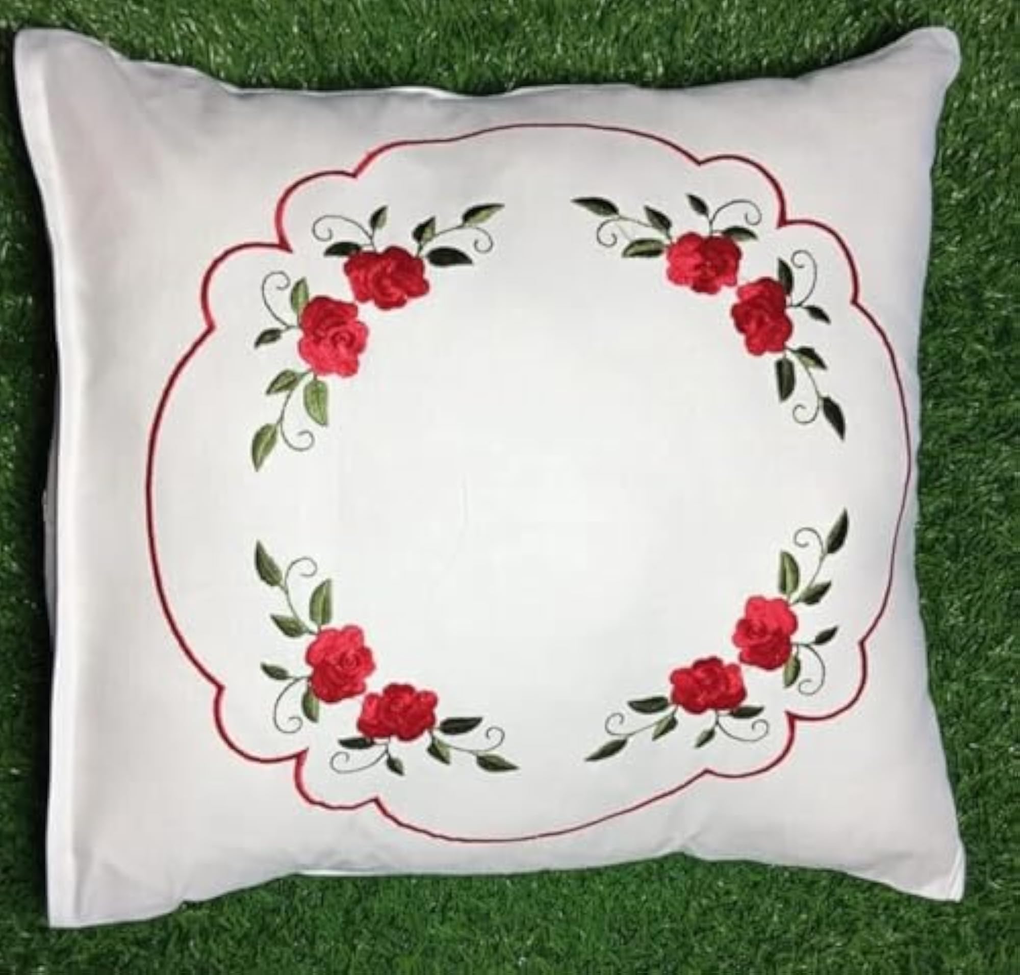 Embroidered Cushion Covers, Red Rose Floral Design