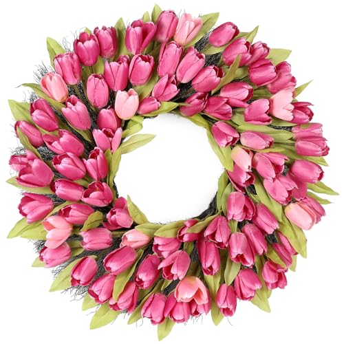 Kuimen Tulip Wreath, 26-Inch Pink Spring Summer Front Door Wreath
