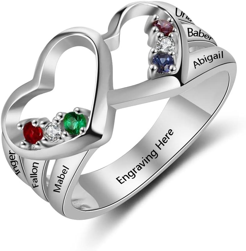 10k 14k 18k Solid Gold Heart Mother Ring 6 Stones Real Gold Custom Grandmother Ring with Six Birthstones Personalized Family Name Ring for Women Wife Mom Mother's Day Birthday Christmas Gift