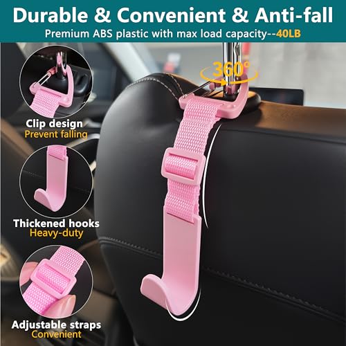 Image of Amooca 4 Pack Anti-drop Headrest Hooks Adjustable Car Seat Organizer | Universal Fit with Clip, Hanger for Backpack Umbrella Water Bottle Coat Purses Handbags Groceries, 40lb Heavy Duty, Pink