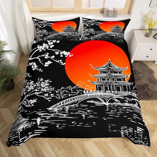 Erosebridal Cherry Blossoms Comforter Cover, Japanese-Style Duvet Cover Queen Size, Bridge Red Sun Bedding Set Sketch Illustration Landscape Quilt Cover for Teens Adult Women Room Decor, Black