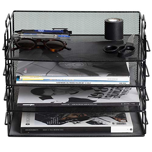 Klickpick Office 4 Tier Stackable Heavy Duty Metal Desktop Letter Tray File Organizer Sorter Desk Document Organizer Shelf Tray Magazine Holder Paper File Newspaper Organizer Tray - Black (Black)