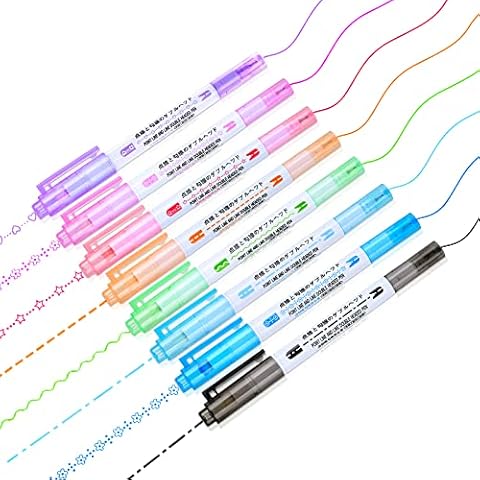 Ruisenda 8 Pcs Curve Highlighter Pen Set Dual Tip Curve Pens Highlighters Flownwing Flair Pens with 6 Different Curve Shapes for Card Decorating Coloring Books Writing Drawing Scrapbook Cover