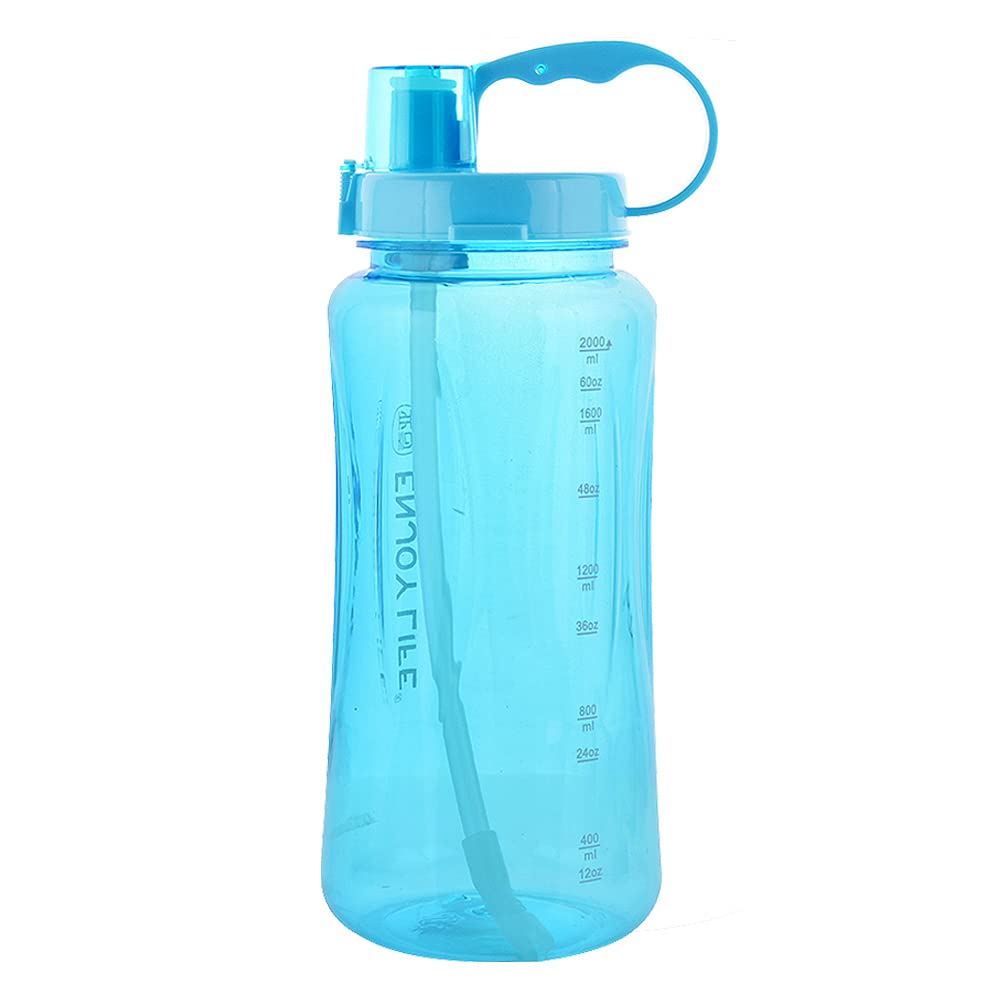GTI 64 oz Water Bottle with Straw, Half Gallon Wide Mouth Portable Large Plastic Bottle Leak Proof Sports Cup 2L Big Travel Mugs with Scale Strap