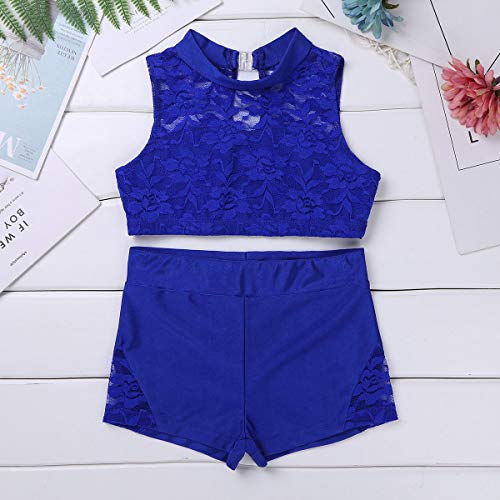 Hansber Kids Girls Two Piece Ballet Dance Sleeveless Mock Neck Floral Lace Crop Tops with Bottoms Sport Set3