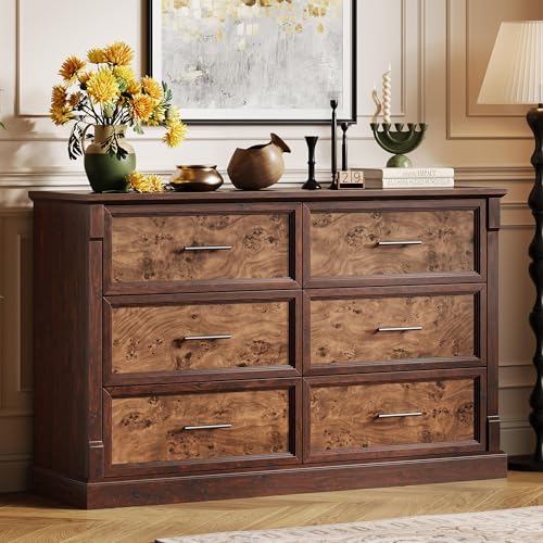 GarveeHome Farmhouse 6 Drawers Dresser, 47" Long Wood Closet Dressers Organizer, Rustic Chest of Drawers for Bedroom Living Room Hallway Entryway, Brown