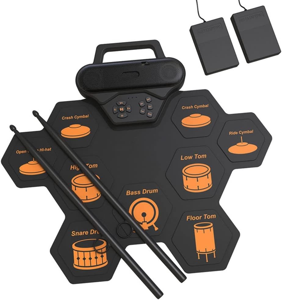 Electronic Drum Set Roll Up Practice Pad Midi Kit with Headphone Jack Built-in Speaker Pedal Sticks (As Shown 1)