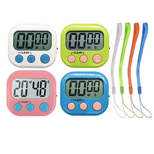 Xpeciall 11 Kitchen Timers Clock with Big Digits Loud Alarm Magnetic Backing and Stand with Large LCD Display for Cooking Baking (4 Pack, 4 Color)