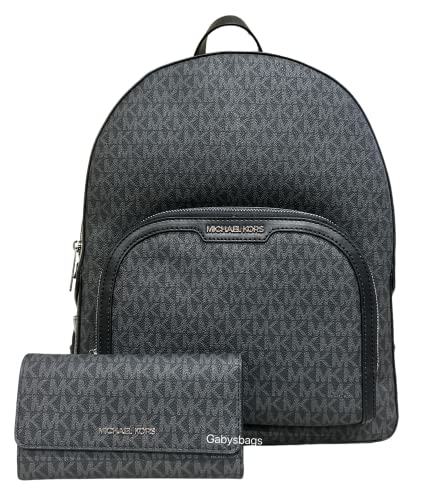 Michael Kors Jaycee Large Backpack School Bag Bundled Jet Set Travel Large Trifold Wallet Mk Signature (Black Mk) #TOP24