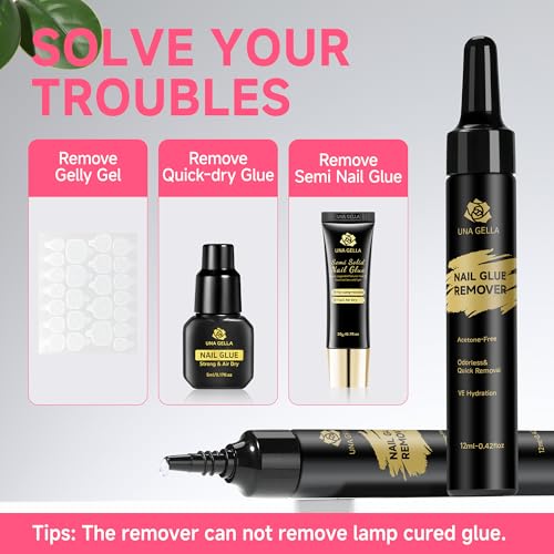 Image of UNA GELLA Quick Removal Gel Nail Glue Remover for Press On Nails: 12ml*2pcs Acrylic Nails Semi Solid Nail Glue Acetone-Free, Not for Gel Polish Base Coat Soak Off Remover Kit Drip Use