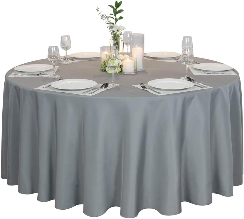 Restaurantware Table Tek 120 Inch Table Covers 10 Round Wedding Tablecloths - Washable Wrinkle-Free Gray Polyester Banquet Tablecloths Hemmed for Parties Holidays or Buffets