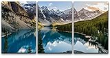 wall26 - 3 Piece Canvas Wall Art - Landscape View of Moraine Lake and Mountain Range at Sunset in...