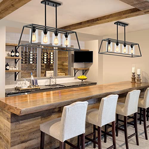 Black Farmhouse Chandeliers For Dining Room, Rustic Kitchen Island Light Fixture, 4-Light Linear Pendant Lights Kitchen Island With Glass Shade ，Apply To Dining Room Light Fixtures Over Table #TOP4