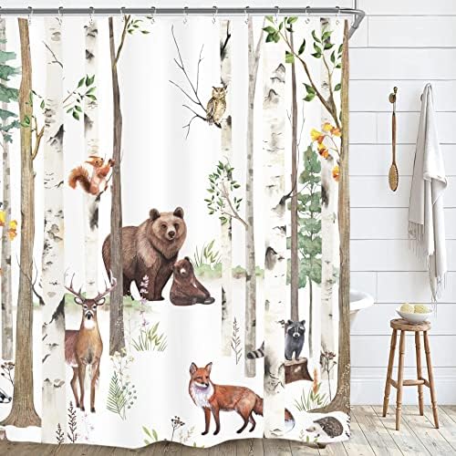 Riyidecor Brown Bear Shower Curtain for Bathroom Decor 60Wx72H Kids Country Watercolor Woodland Safari Forest Trees Hunting Wildlife Deer Art Printed Fabric Polyester Waterproof 12 Pack Plastic Hooks