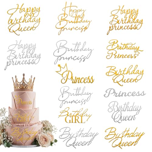 14pcs Birthday Queen Cake Topper Acrylic Gold Happy Birthday Queen Cake Topper for Women Queens Birthdays Decorations Cakes Decoration for Women Girls Valentine's Day Mother's Day