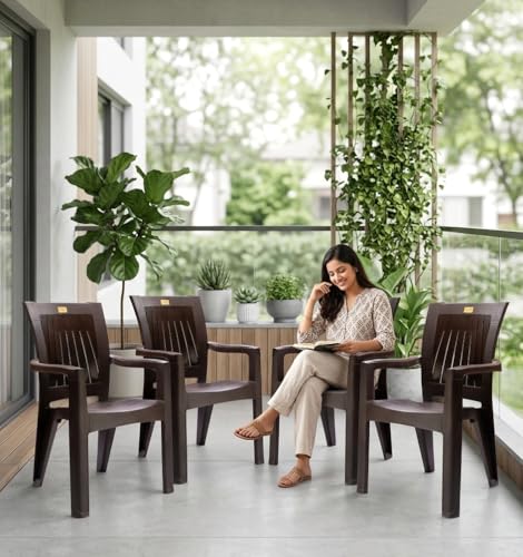 Image of Plastic Chair Set of 4 for Home & Outdoor Use | Heavy Duty Comfortable Chair with Strong Legs | Stackable, Easy to Clean | Suitable for Living Room, Balcony (Pack of 4-Rolex | Brown)