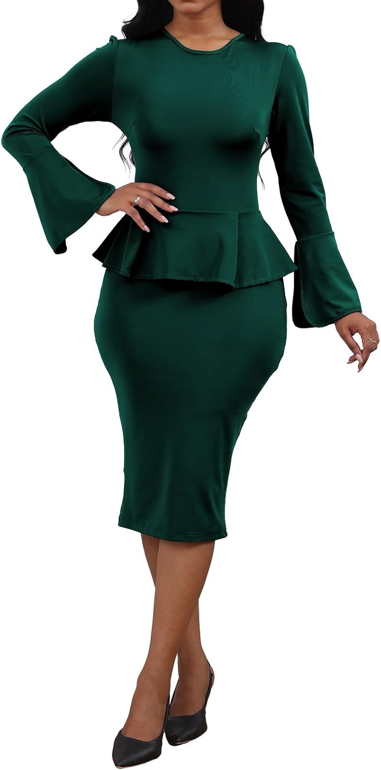 Women's Dress Work Business Dress Bodycon Split Long Sleeve Round Neck Pencil Dresses - Image 6