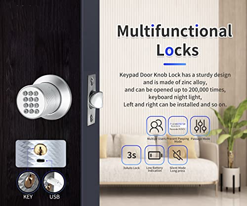 Keypad Door Lock With Handle, 3S Auto Lock, Keyless Entry Electronic Door Knob, Waterproof, Anti-Pry Code Door Knob, Easy To Install For Home, Office, Apartments #TOP1