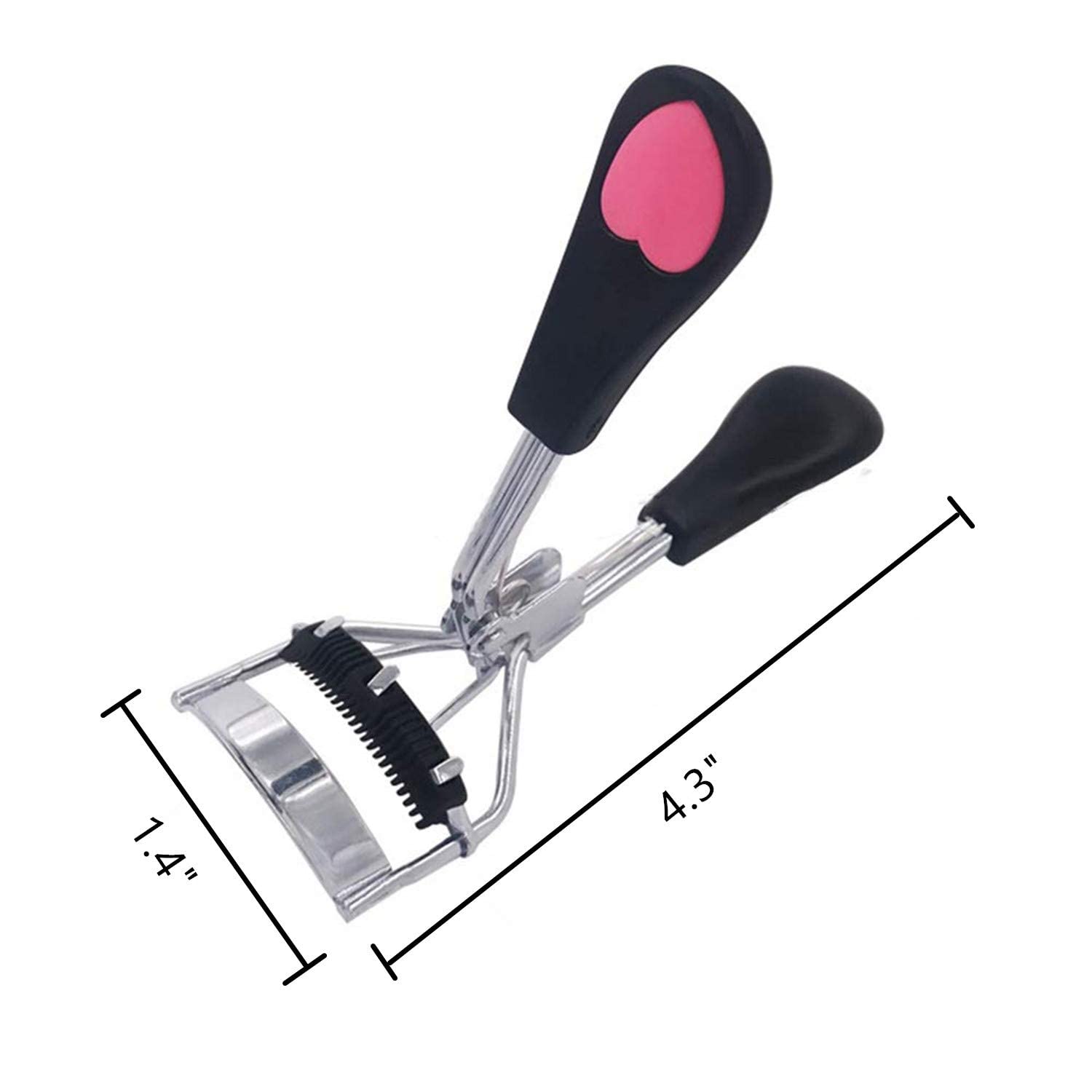 Rizador de pestañas de acero inoxidable con peine integrado, sin dolor, adecuado para cualquier forma y tamaño de ojos, con 5 almohadillas de repuesto de silicona (corazón negro y melocotón)