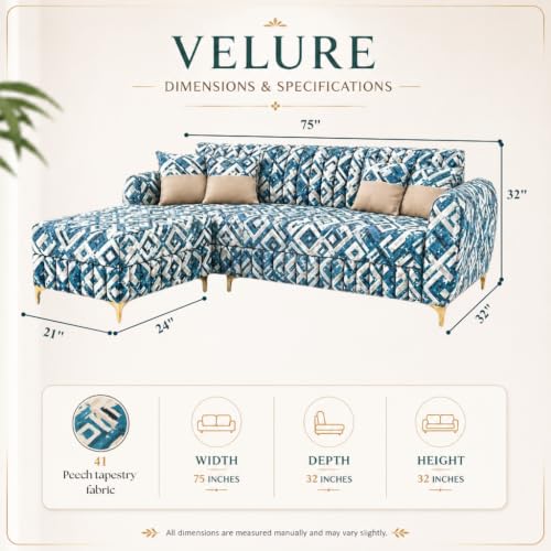Image of CASASTYLE Signature Velour 4-Seater L-Shape Sofa Set with Movable Ottoman | Flexible LHS /RHS Layout | Tapestry Fabric | 40D Foam + Zigzag Spring | 3-Yr Warranty (Lagoon Mosaic Blue)