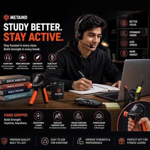 Image of Metaind USB Headset with Noise Cancelling Mic Meta MT440 & Adjustable Hand Gripper Combo | Wired Headphones for Office, Gaming, Online Classes, Work from Home