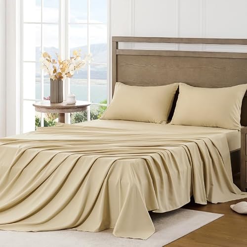 FreshCulture Twin Bed Sheets - Ultra Soft Sheets for Bed - Brushed Microfiber - Deep Pockets - Easy Care - Cooling & Breathable Sheet - Hotel Quality Twin Size 3 Piece Sheet Set (Beige)