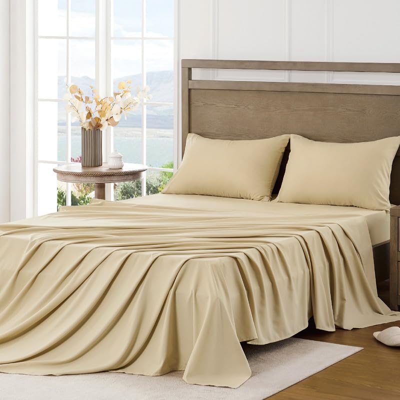 Image of FreshCulture Queen Sheet Set - Ultra Soft Sheets for Queen Size Bed - Brushed Microfiber - Deep Pockets - Easy Care - Cooling & Breathable Sheets - 4 Pieces Hotel Luxury Queen Bed Sheets (Beige)