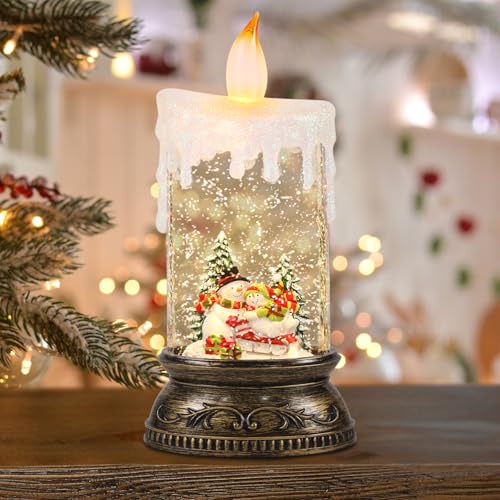 Eldnacele Christmas Snow Globe Lantern with Timer & Music, Battery Operated/USB Powered Lighted Water Glittering Lantern for Christmas Decorations(Snowman playing on a sledge scene)