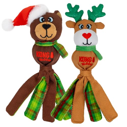 KONG Holiday Wubba Reindeer/Bear Small 2 Pack – Durable Interactive Tug & Toss Dog Toy