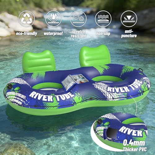 Image of JOSEN Inflatable River Tube Float - 2 Person Heavy Duty River Float, Pool Floats Adult, Lake River Floats Water Tubes for Floating with Removable Cooler & Cupholders for Summer Relaxation