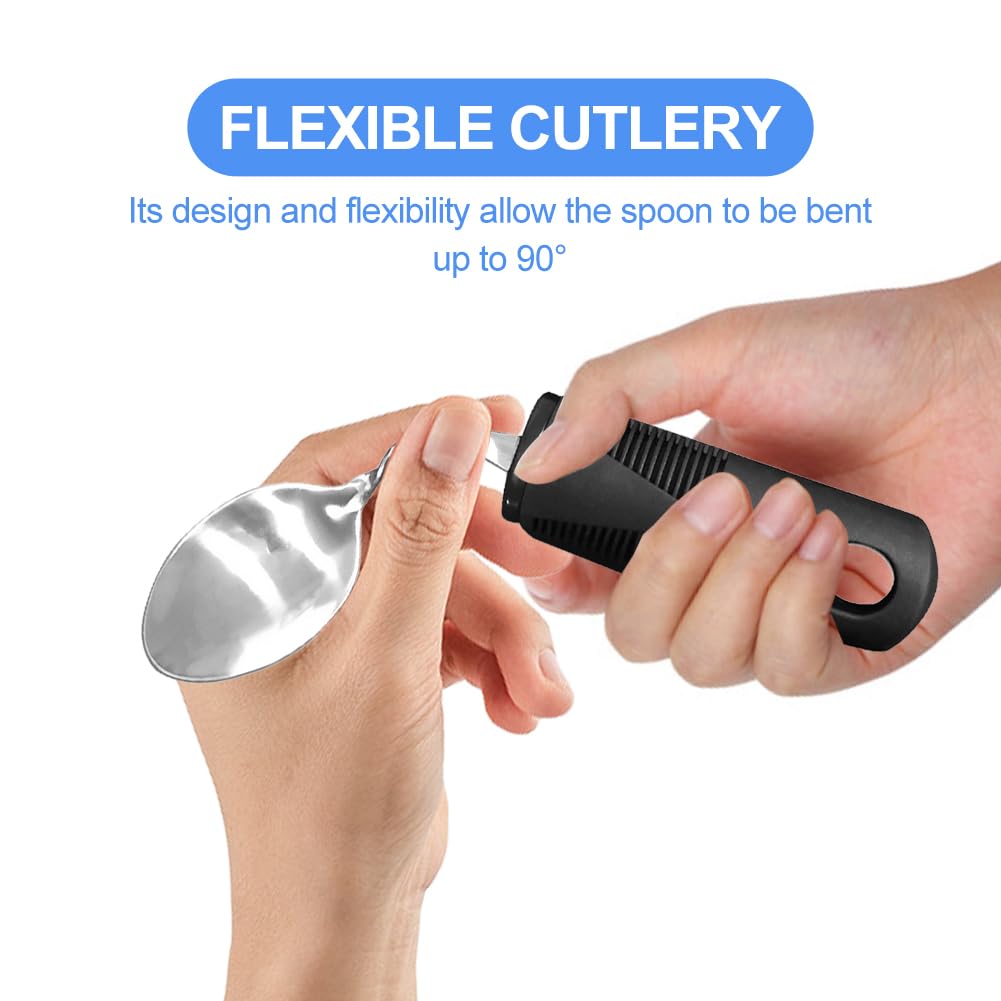 Ssiyiya 2Pcs Disability Aids Cutlery Sets Bendable Spoons Fork Easy Grip Soft and Comfortable Grips Handled Cutlery - Teaspoon (black) - Image 4