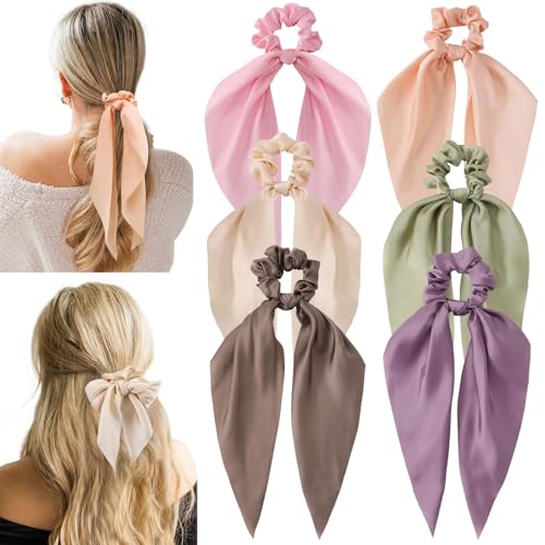 6 PCS Bow Silk Scrunchies, Hair Ties with Bow, Hair Scarf Scrunchies