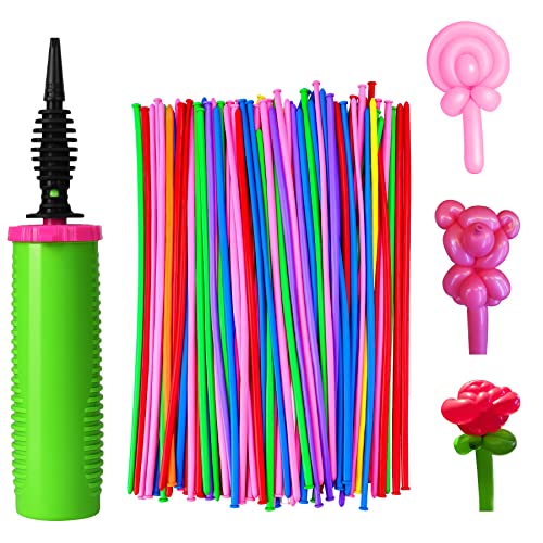 ouyili 100Pcs 260 Balloons Latex with 1 Hand Balloon Pump Kit, Professional Premium Quality Twisting Magic Long Balloons Assorted Color to Make Animal for Birthday Party Clowns Wedding Decorations