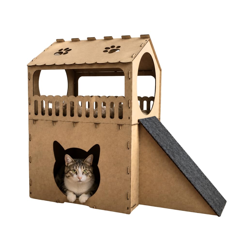 Casa Toca Para Gato 2 Andares Mdf Cru Com Rampa Arranhador | MDF RESISTENTE