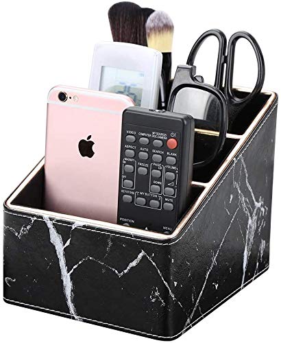 GORESERemote Control Holder with 3 Compartments, PU Leather TV Remote Organizer Leatherette Desk Organizer for TV Remote, DVD, Blue-Ray, Controllers, Remote control box (3 Slot) (A Black Marble)