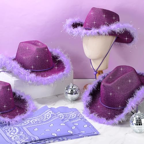 Image of Coume 12 Pcs Sparkly Adults Cowboy Hat and Bandanas Women Men Western Glitter Cowgirl Party Hats with Adjustable Drawstring