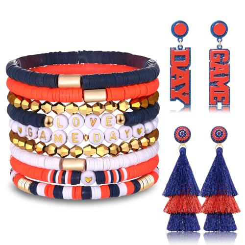 boderier 9PCS Game Day Bracelets Stackable Heishi Beaded Stretchy Bracelets LOVE GAME DAY Football Team Jewelry Sports Fan Bracelets Earrings Accessories Gifts
