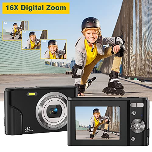 Digitalkamera 1080P FHD, Fotoapparat für Studenten/Kinder/Amateure/Anfänger,Fotokamera 36MP 2,4" LCD mit 16X Digitalzoom,Akkuladegerät und Wiederaufladbare Batterien – Bild 4