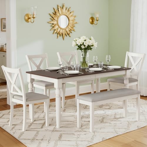 HOPETANA 6-Piece Dining Room Set, Rectangular Solid Elm Wood Table with Bench & Upholstered Chairs, Classic Farmhouse Kitchen Table Set for 6, Off-White and Brown