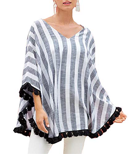 KUFV Women's V Neck Boho Striped Print Tassel Blouse Top Pullover Summer Swimwear Coverups (Grey, Free Size)