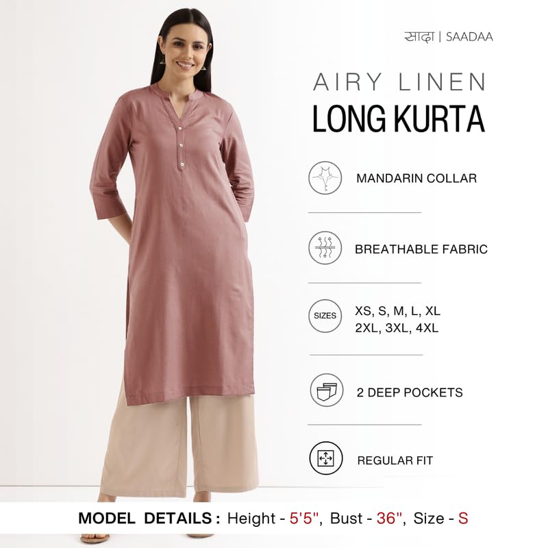 Image of SAADAA Women's Linen Straight Fit Straight Long Kurta Airy Plain Kurta, 3 /4 Sleeve, Knee Length Kurtis with Pockets, Casual and Office Wear